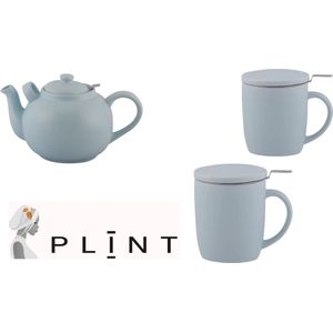 Plint - Retro - Theeset - Theepot 1.5L + 2 theemokken 450ml met theefilter en deksel - Aardewerk - ICE/Pastelblauw