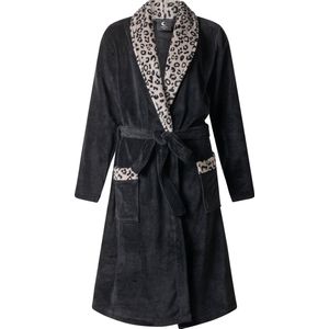 Lunatex - dames badjas - coral fleece - zwart met panter print - L/XL