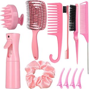 12 stuks - kappersset - haarborstel set voor vrouwen - ontwarrende borstel voor natuurlijk haar - krullende haarborstelset met spuitfles - borstelset voor haarstyling - roze