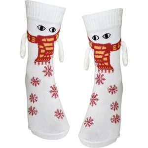 Schattige sokken met magnetische handjes - Wit met ogen, sjaal en sneeuwvlokken - Sokken Dames/Heren/Kinderen maat 35-43