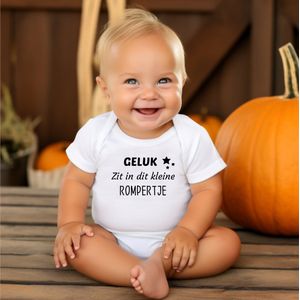 Witte baby romper: Geluk zit in dit kleine rompertje. Zwangerschap-Kraamcadeau, maat 74