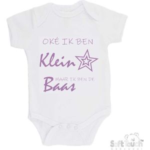 100% katoenen Romper ""Oke ik ben klein maar ik ben de baas"" Meisjes Katoen Wit/lila Maat 68/74