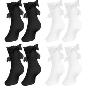 Set van 4 paar witte enkellange sokken met zwart kant, strik en ruches voor vrouwen en meisjes - Prinses accessoires voor dagelijks gebruik