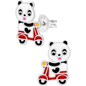 Oorbellen meisje | Zilveren kinderoorbellen | Zilveren oorstekers, panda op rode scooter