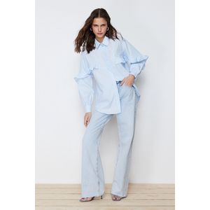 Trendyol Blauw Geweven Katoenen Overhemd Met Ruches Tctss24Tg00019