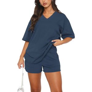 Dames Katoenen V-hals Trainingspak Set - Korte Mouw en Jogger Outfit