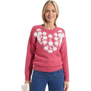 Zachte trui met ronde hals en geborduurde bloemen