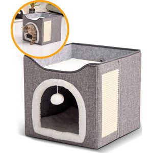 MIRO® Kattenhuis Met Krabpaal - Slaaphol , Mand , Hok , Bed & Meubel Voor Katten - Opvouwbaar Met Krabmat - Grijs