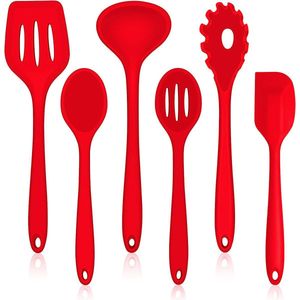 Keukengerei set, 6-delige kookgerei set, non-stick siliconen keukengerei, kookbestekset, hittebestendig kookgerei, keukenset voor koken en bakken, gemakkelijk schoon te maken, rood