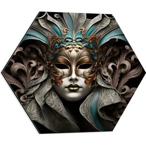 Dibond Hexagon - Wit Venetiaanse carnavals Masker met Blauwe en Gouden Details tegen Zwarte Achtergrond - 50x43.5 cm Foto op Hexagon (Met Ophangsysteem)