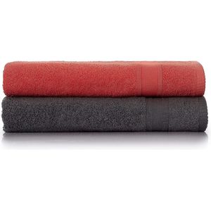 Badhanddoeken grijs - roods-s% 100 katoen badhanddoek 2-deligs-sset van 2 badhanddoekens-skleur: grijs - rood