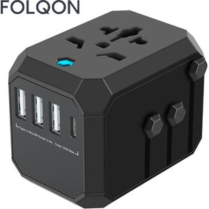 FOLQON - Universele Wereldstekker - Reisstekker - 30W snelladen - 3x USB A poort - 1x USB C poorten - EU, UK, AUS, USA - zwart - stekker