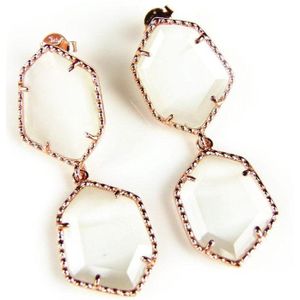 Zilveren oorringen oorbellen roos goud verguld Model Hexagon met witte parelmoerkleurige stenen