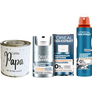 Men Expert Cadeauset Magnesium Papa - Men Expert Hydra Creme Magnesium Defense 50ml - Men Expert Deo Spray 150ml Magnesium Defense - Snoepjeblikje liefste papa van de hele wereld!