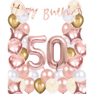 Snoes Ballonnen 50 Jaar Rose Gold White Dots - Compleet Feestpakket met cijfer ballon 50 jaar - Verjaardag Versiering Slinger Happy Birthday – Folieballon – Latex Ballonnen - Helium Ballonnen - Rose Feestpakket