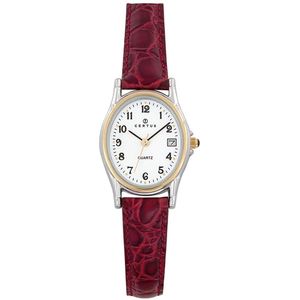 Certus-Duidelijk dames horloge-Datumaanduiding-Rood lederen band.