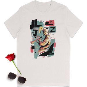 Jazz Muziek T Shirt - Jazz Trompet Shirt - Dames t Shirt met print - Heren t Shirt met opdruk - Unisex maten: S M L XL XXL XXXL - Tshirt kleur: Vintage Wit.