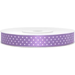 1x Hobby/decoratie lila paars satijnen sierlinten met witte stippen 1,2 cm/12 mm x 25 meter - Cadeaulinten satijnlinten/ribbons - Lila paarse linten met witte stippen - Hobbymateriaal benodigdheden - Verpakkingsmaterialen