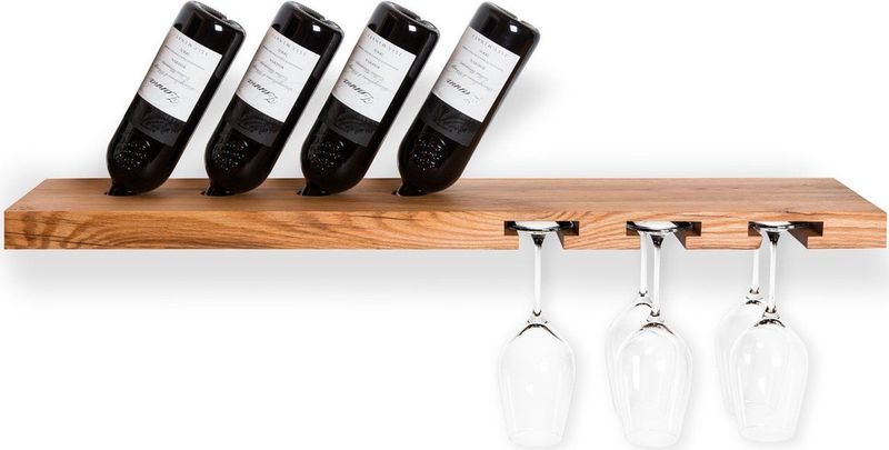 Tu Las™ Massief houten wijnflessen houder inclusief wijnglazen en champagneglazen houder - 94 x 22 x 4 cm - Zwevende wijnflessen houder - Muur bevestiging - Eiken hout
