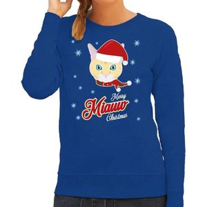Foute Kersttrui / sweater - Merry Miauw Christmas - kat / poes - blauw voor dames - kerstkleding / kerst outfit 2XL