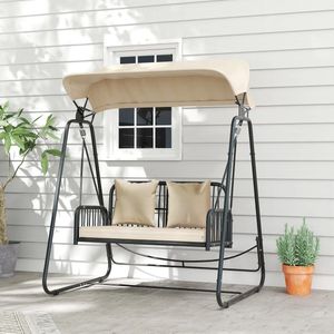 Pugsdrly Hollywoodschommel rotan 2-zits tuinschommel met zonnescherm kussen tot 240 kg 149 x 121 x 180 cm kaki