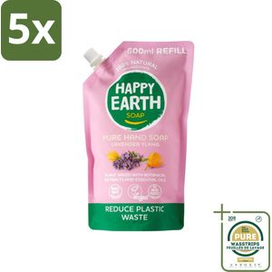 5 x Happy Earth – Handzeep Navulling – 100% Natuurlijk Lavender Ylang – 600 ml - Grootverpakking - Handzeep Navulling - Natuurlijke Handzeep - Vegan Handzeep - Lavendel Handzeep - Ylang Handzeep