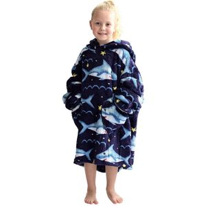 Haai fleece hoodie deken met mouwen kind – fleece poncho kind – plaid met mouwen - kids 8/12 jaar – maat 134/158 – lengte 75 cm - chillen – Warm & zacht – relax outfit kids – zwart - Badrock