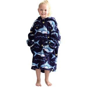 Haai fleece hoodie deken met mouwen kind – fleece poncho kind – Draagbare deken - plaid met mouwen - maat 128/152 – lengte 75 cm - chillen – Warm & zacht – relax outfit kids – zwart - Badrock