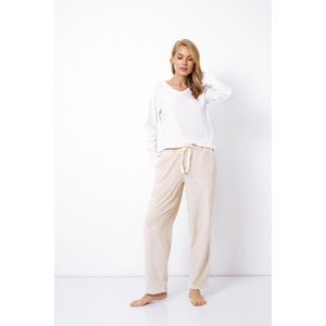 Dames Pyjama Zahra-Lange Mouwen-V-Hals Top & Broek met Zakken-Verstelbare Taille-Beige/Wit-Maat L