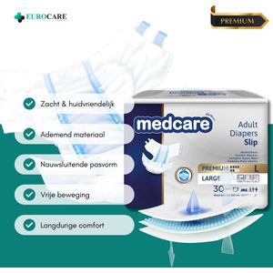30 Stuks – Medcare Incontinentie Luiers Premium+ – Maat L – 2100+ ml absorptie – Wegwerpluiers voor matige tot zware incontinentie – Comfortabel & huidvriendelijk – Dag & nacht bescherming