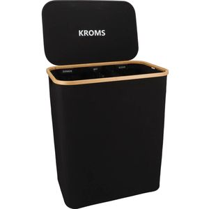 KROMS Wasmand 3 vakken - Zwart - Wassorteerder bamboe - Laundry basket - Wasmand met deksel - 145L