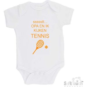 100% katoenen Romper "ssssstt... Opa en ik kijken tennis" Unisex Katoen Wit/mosterd Maat 62/68