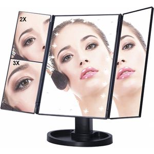 Make Up Spiegel met verlichting – Drieluik met vergrootspiegel – Spiegel met verlichting – Cosmetica / Visagie spiegel - make up tafel - Dimbare ledverlichting - 22 leds - 180° draaibaar – Werkt op batterijen/USB - Inclusief USB-kabel - Wit