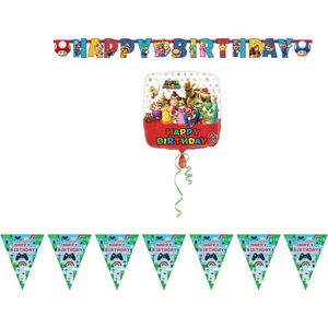 Amscan – Super Mario – Versierpakket – Letterslinger – Vlaggenlijn – Folieballon – Versiering - Kinderfeest.
