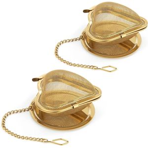 Theezeef roestvrij staal met lekbak ketting hart voor losse thee groene thee kruidenthee goud 2 stuks