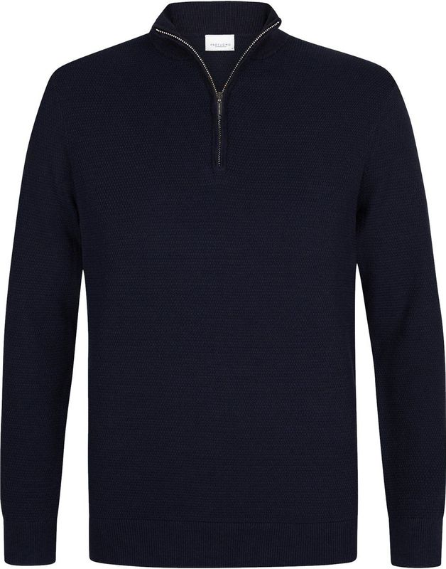 Profuomo - Slim Fit Trui - Donkerblauw - Katoen - Korte Rits