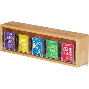 Theedoos bamboe 5 vakken voor 50 theezakjes met deksel voor aan muur - HBD 115x39x8 cm natuur
