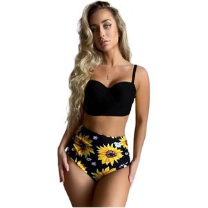 Bikini Dames 2-delig – Zonnebloem Print – High Waist – Zwart – Trendy Set