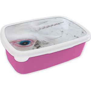 Broodtrommel Roze - Lunchbox - Brooddoos - Masker van een eenhoorn - 18x12x6 cm - Kinderen - Meisje