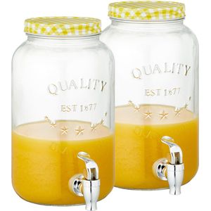 Set van 2x stuks glazen drankdispensers/limonadetap met geel/wit geblokte dop 3,5 liter - Tapkraantje