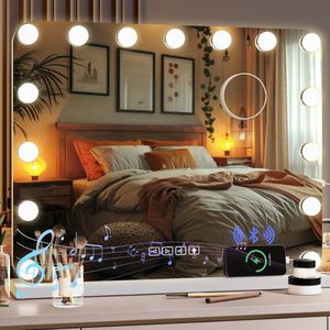 Hollywood Spiegel Met Bluetooth - Make-Upspiegel Met Licht - 58 x 46 CM - 3 Lichtkleuren - USB - Wandspiegel - Tafelspiegel