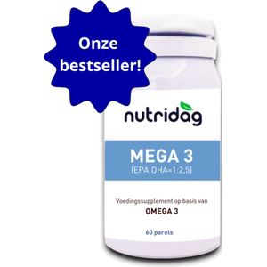 Nutridag - Mega 3 - Omega 3 (80%) hoge zuiverheid - 1 van de zuiverste op de markt - 50% DHA en 20% EPA - 60 parels