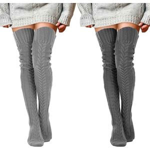 longziming -Dames Dijhoge Sokken – Gebreide Lange Warme Sokken – Zachte Acrylvezel – Elastisch & Comfortabel – Wintermode – Donkergrijs + Lichtgrijs – Eén Maat – 2 Paar