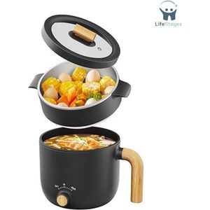 LifeStages - Hotpot Electrisch - 1.5L Draagbare Mini Multicooker Met Antiaanbaklaag - Reis Elektrische Koekenpan Met Dubbele Vermogensregeling - Zwart