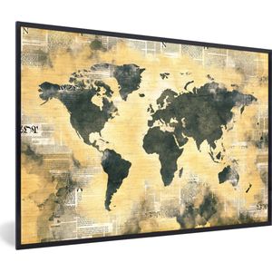 Fotolijst incl. Poster - Wereldkaart - Gouden - Kranten - 60x40 cm - Posterlijst