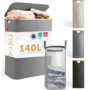 Wasmand 140L met 2 vakken en deksel - Smalle en praktische wasoplossing - Inclusief verwisselbare waszakken