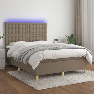 The Living Store Boxspring Bed - Taupe - 203 x 144 cm - Verstelbaar hoofdbord - LED-verlichting - Pocketvering matras en Huidvriendelijk topmatras