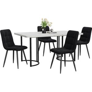 Merax Essgroep 5-delig – Eettafel met 4 Stoelen 140x80 cm Wit MDF Tafelblad met Zwarte Metalen Poten Zwarte Fluwelen Stoelen voor de Eetkamer