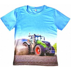 T-shirt met tractor + trailer, groene trekker Fendt, lichtblauw, full colour print, kids, kinder, maat 122/128, stoer, mooie kwaliteit!