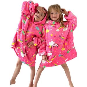 Unicorn fleece deken met mouwen en capuchon voor kinderen - fleece kinderponcho unicorn - fleece deken met mouwen - plaid met mouwen - hoodie blanket - maat 134 t/m 158 (8-12 jr) - neon roze